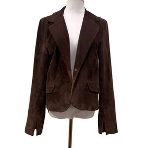 Karen Kane Chocolate Brown Suede 100% Leather Blazer Jacket L Leopard Lined